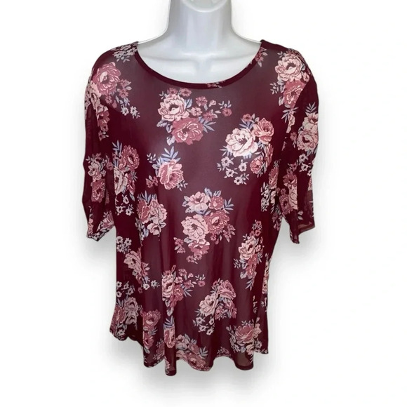 Burgundy Floral Print Mesh Blouse 3X (XXXL) Women’s Top- No Boundaries - Picture 9 of 9